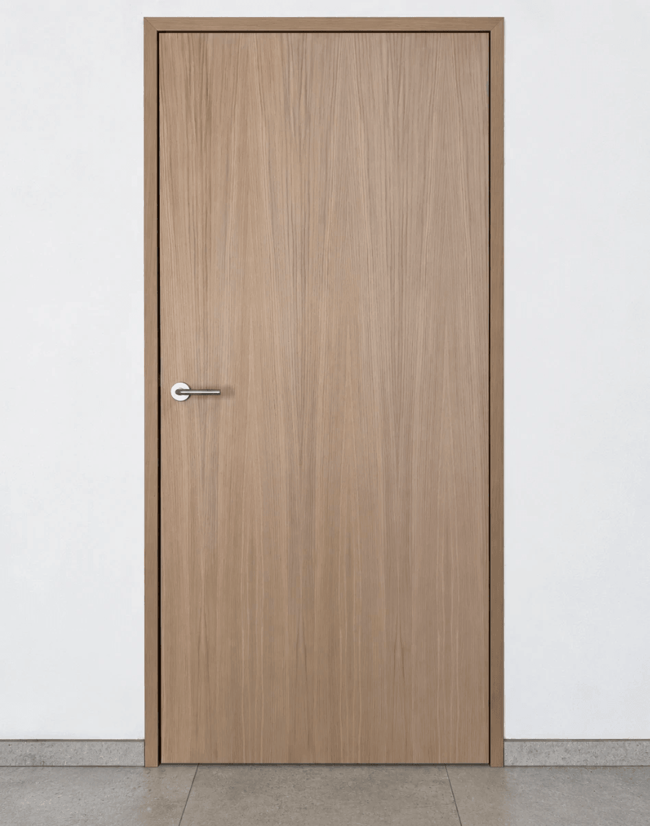 Vlakke eiken fineerbinnendeur met inox deurklink
