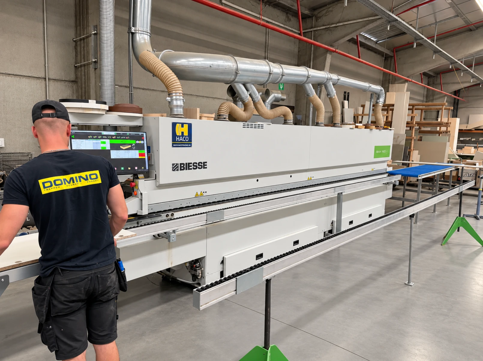 Medewerker van Domino bedient een kantenplakmachine in het atelier in Kruisem