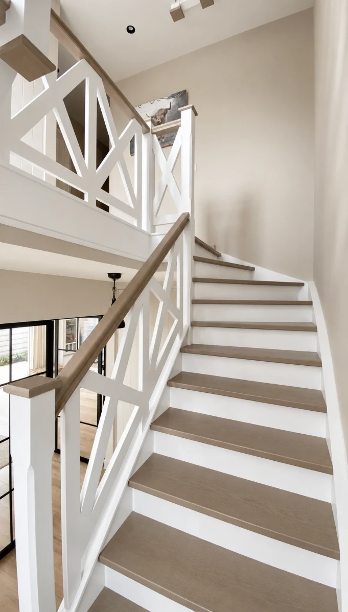 Landelijke trap met witte kruisbalusters, eiken treden en een houten handgreep