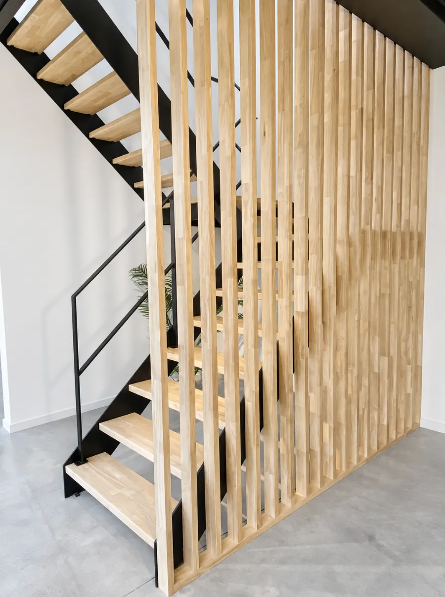 Metalen trap met dubbel bordes en rubberwood treden (foto 1 van 6)