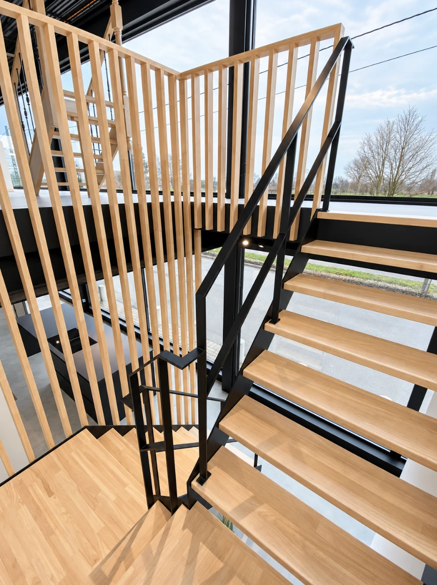 Trap in de showroom met eiken treden, zwarte stalen leuning en een wand van verticale houten lamellen