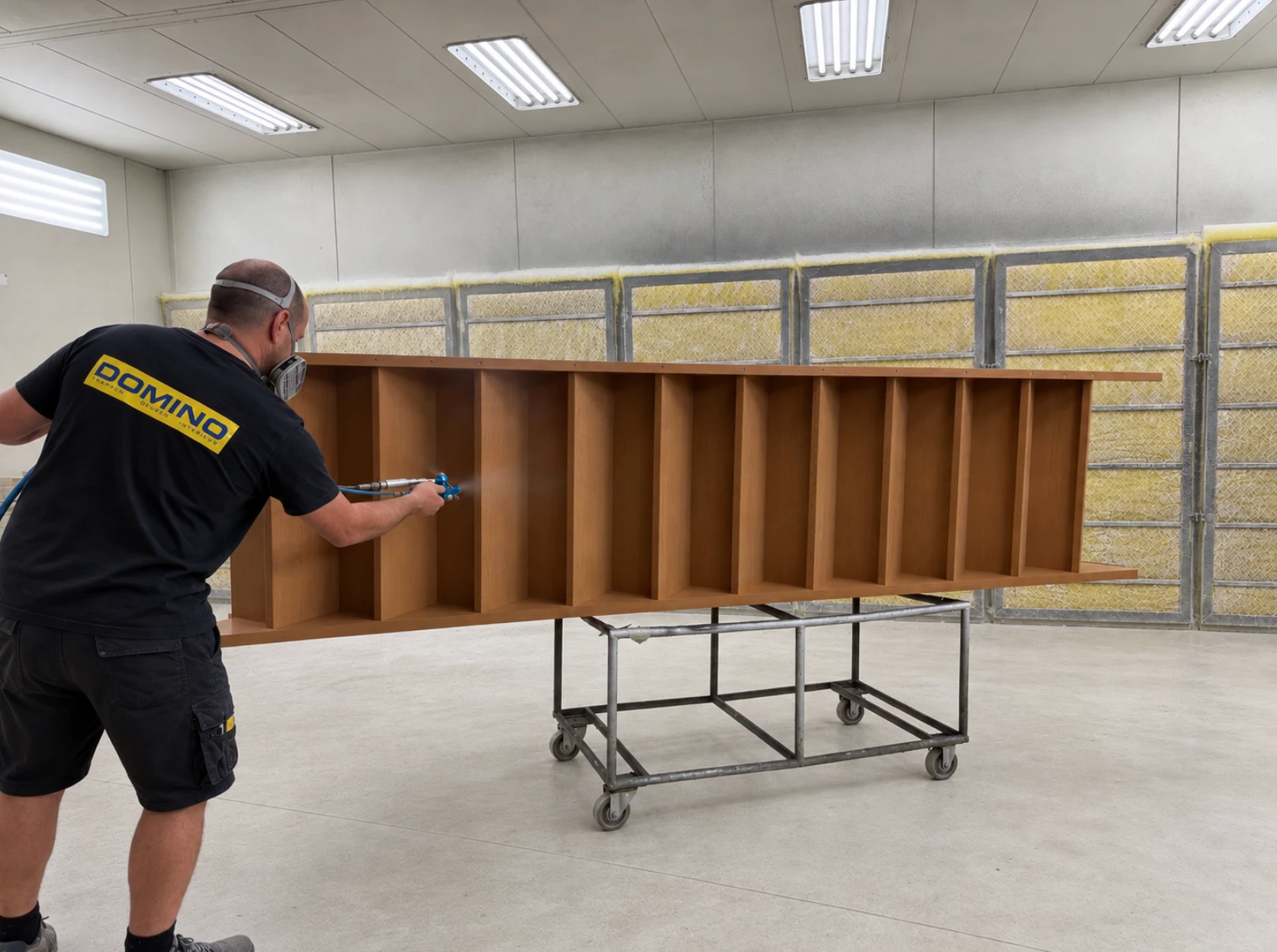 Medewerker van Domino spuit een trap in de spuitcabine van het atelier in Kruisem