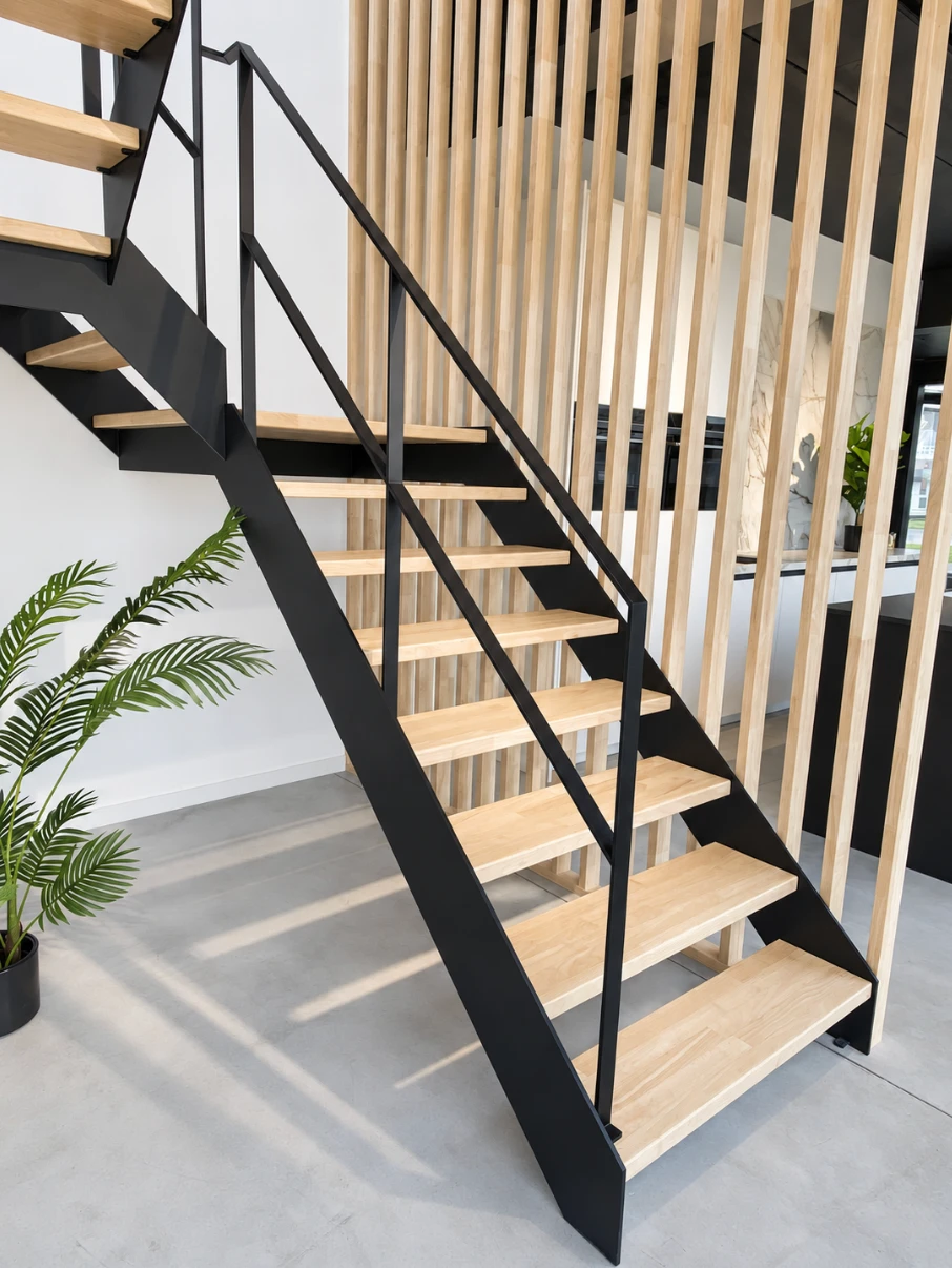 Moderne trap met open treden, zwarte stalen wangen en een wand van verticale houten lamellen